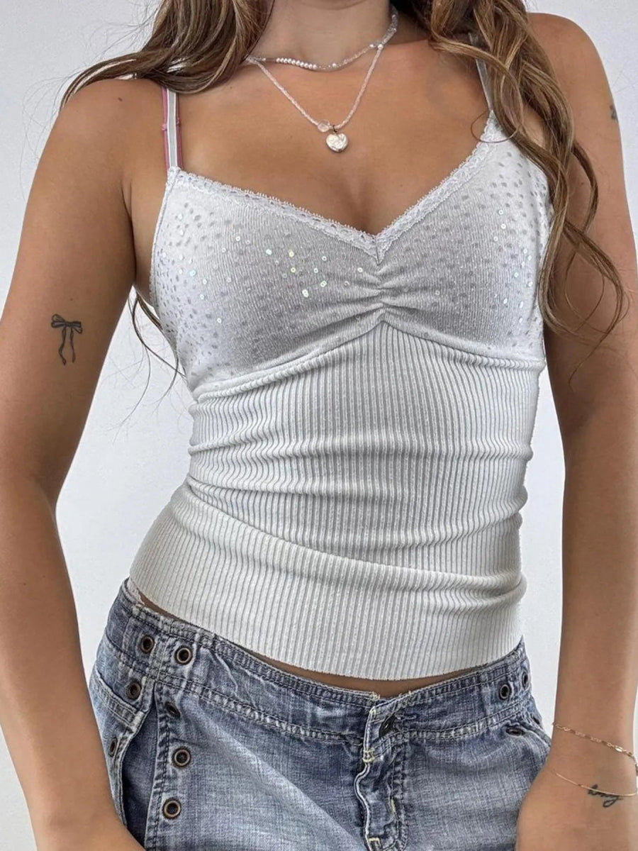 Sequin Lace Detail Cami Top - CELIVINE