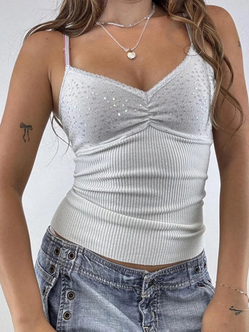 Sequin Lace Detail Cami Top - CELIVINE