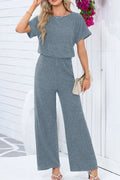 Ribbed Short Sleeve Wide Leg Jumpsuit - CELIVINE