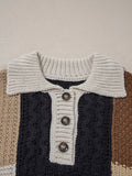 Multicolour Color Block Cable Knit Sleeve Buttons Collared Sweater - CELIVINE