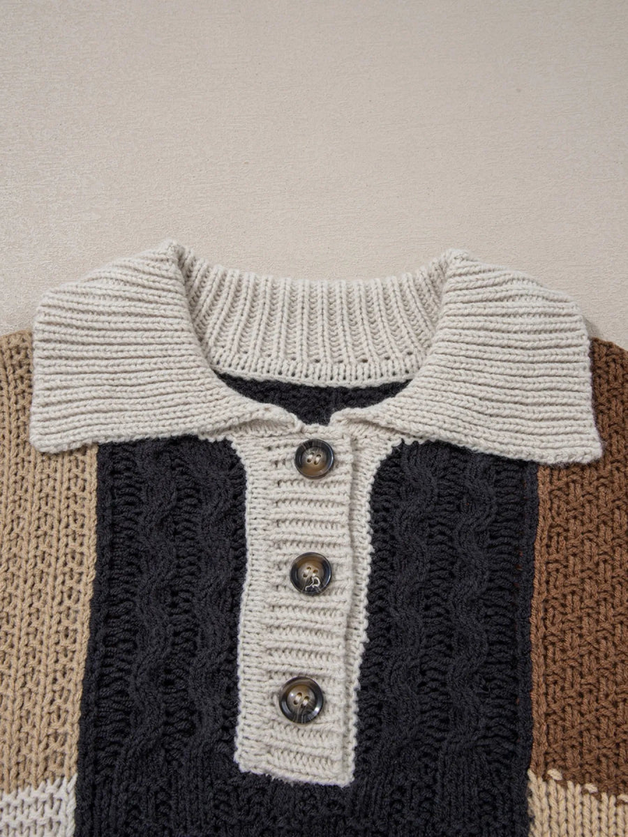 Multicolour Color Block Cable Knit Sleeve Buttons Collared Sweater - CELIVINE