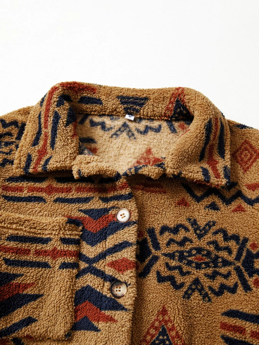 Western Aztec Pattern Fleece Button - Up Shacket - CELIVINE