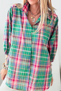 Plaid Collared Neck Three - Quarter Sleeve Shirt - CELIVINE