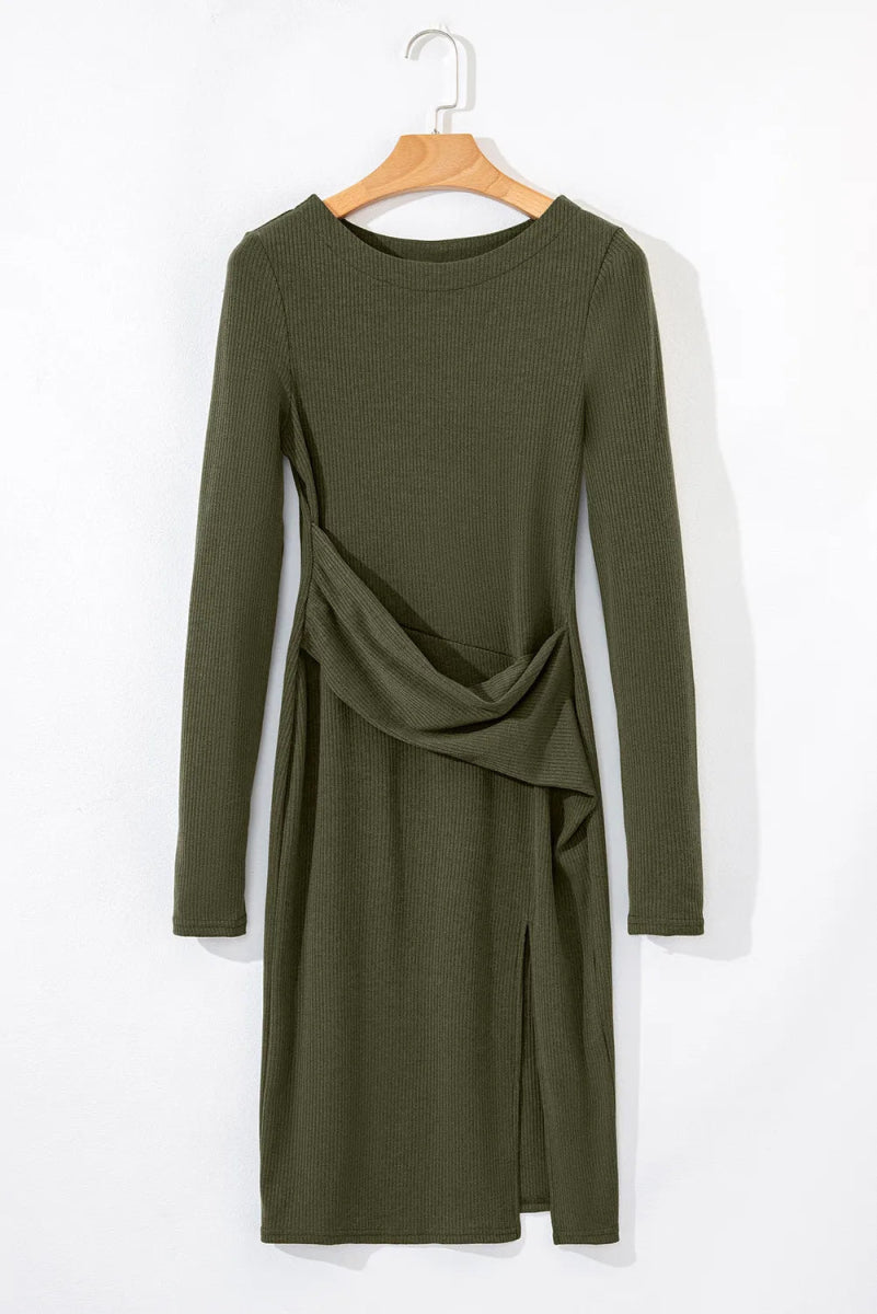 Slit Round Neck Long Sleeve Mini Dress - CELIVINE