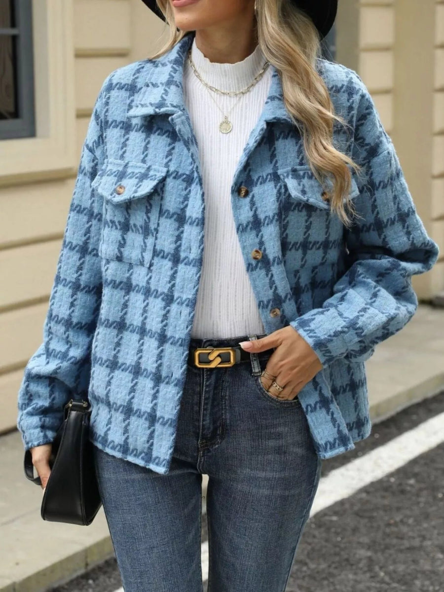 Plaid Button Up Long Sleeve Jacket - CELIVINE