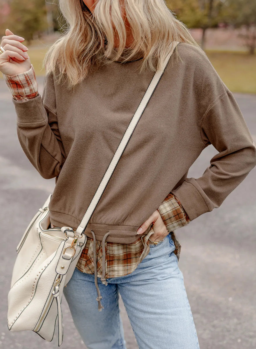 Drawstring Plaid Turtleneck Long Sleeve Top - CELIVINE