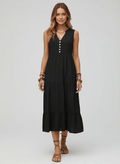Decorative Button Notched Sleeveless Dress - CELIVINE