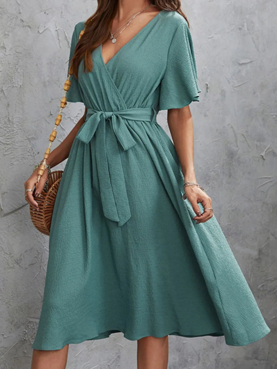 Surplice Flutter Sleeve Midi Dress - CELIVINE
