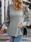 Slit Round Neck Lace Long Sleeve T-Shirt - CELIVINE