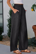 Side Pockets Frilled Smocked High Waist Wide Leg Pants - CELIVINE