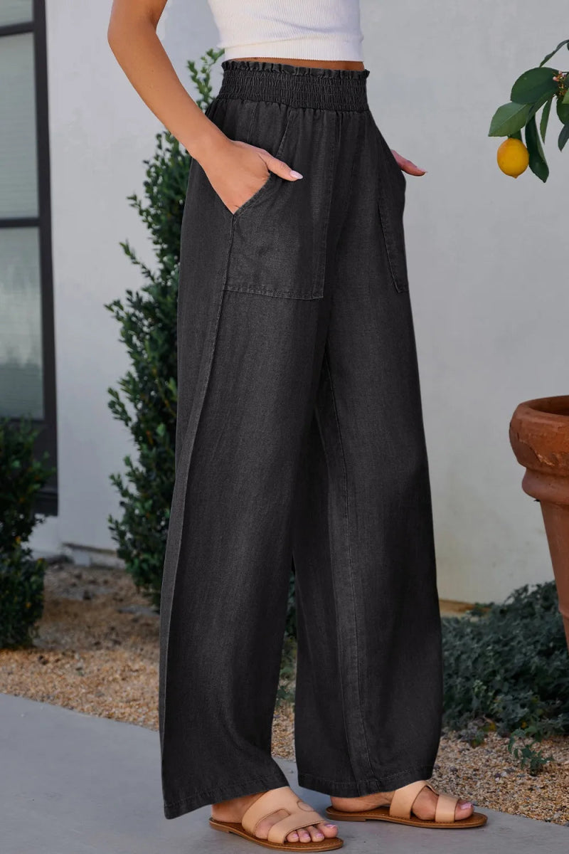 Side Pockets Frilled Smocked High Waist Wide Leg Pants - CELIVINE