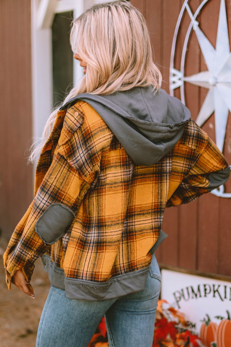 Plaid Hooded Button Front Jacket - CELIVINE