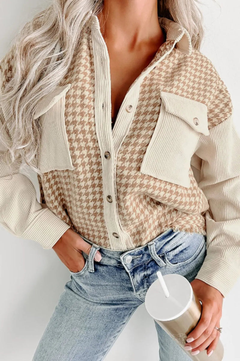 Houndstooth Button Up Long Sleeve Jacket - CELIVINE