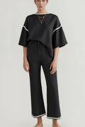 Contrast Trim Round Neck Top and Pants Set - CELIVINE