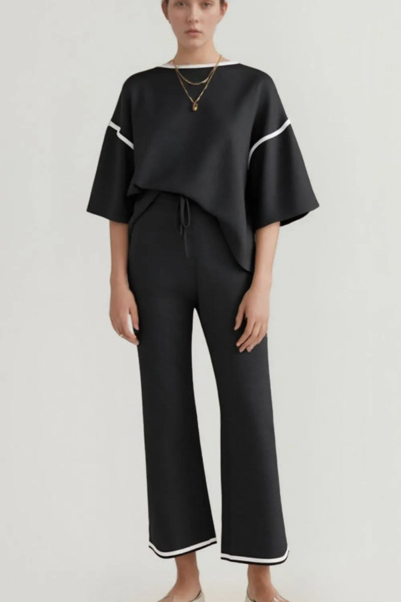 Contrast Trim Round Neck Top and Pants Set - CELIVINE