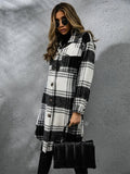 Plaid Collared Neck Long Sleeve Coat - CELIVINE
