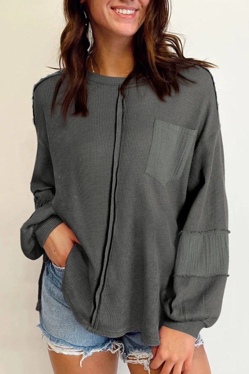 Exposed Seam Round Neck Long Sleeve Sweatshirt - CELIVINE