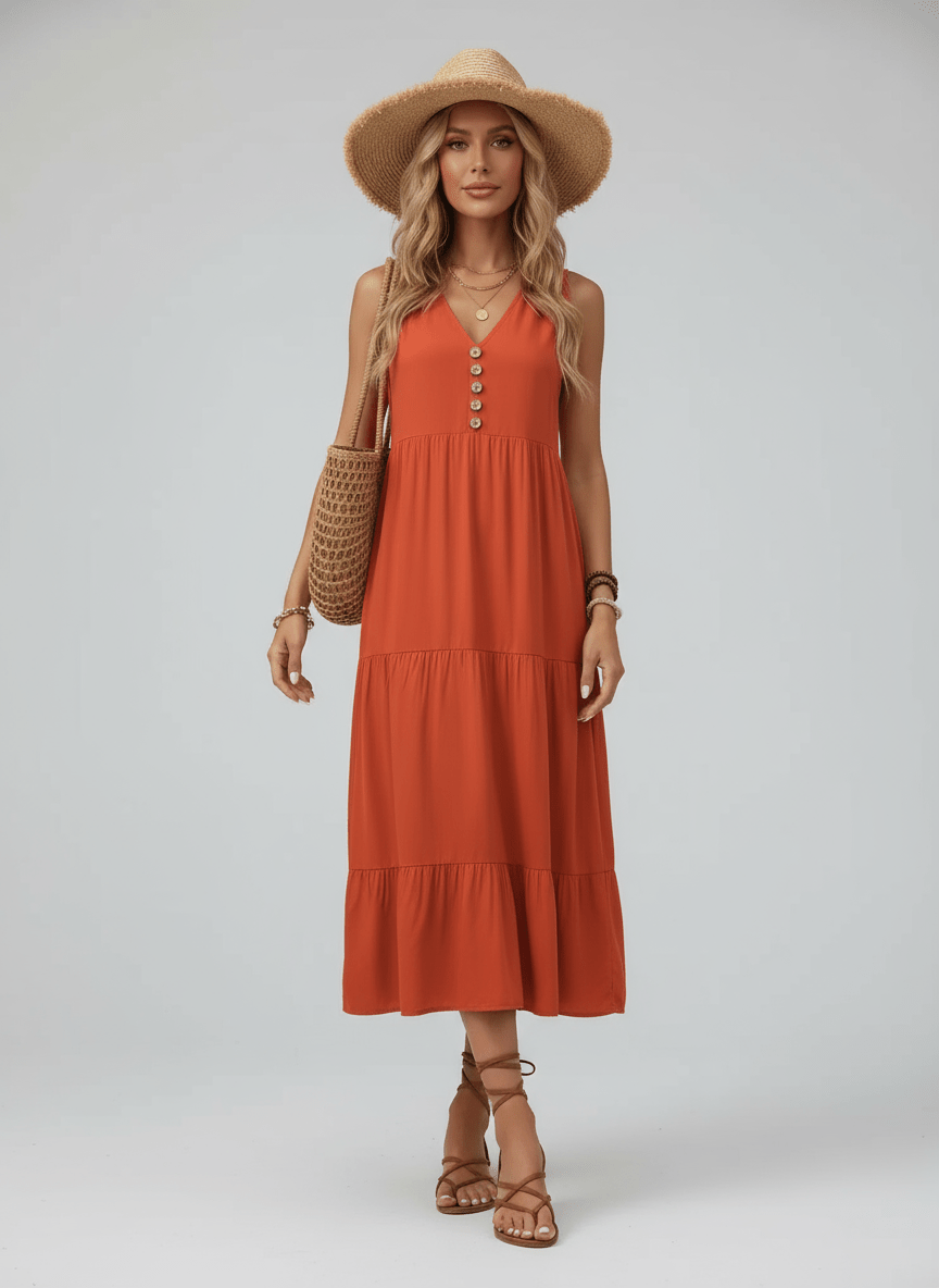 Decorative Button Notched Sleeveless Dress - CELIVINE