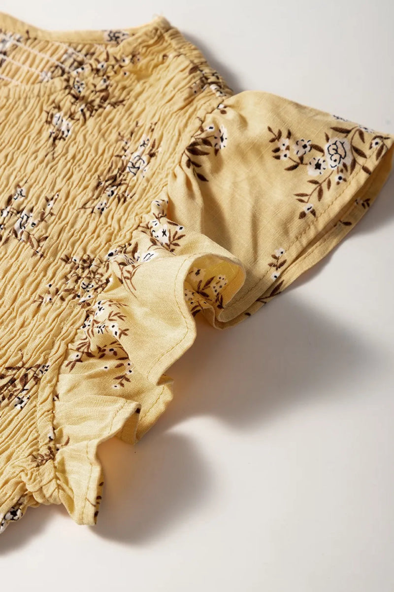 Floral Print Ruffle Cap Sleeve Smocked Flowy Dress - CELIVINE