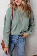 Waffle - Knit Long Sleeve Dropped Shoulder Top - CELIVINE