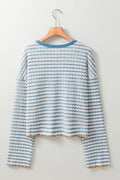 Striped Round Neck Dropped Shoulder Long Sleeve Top - CELIVINE