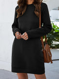 Round Neck Long Sleeve Mini Dress with Pockets - CELIVINE