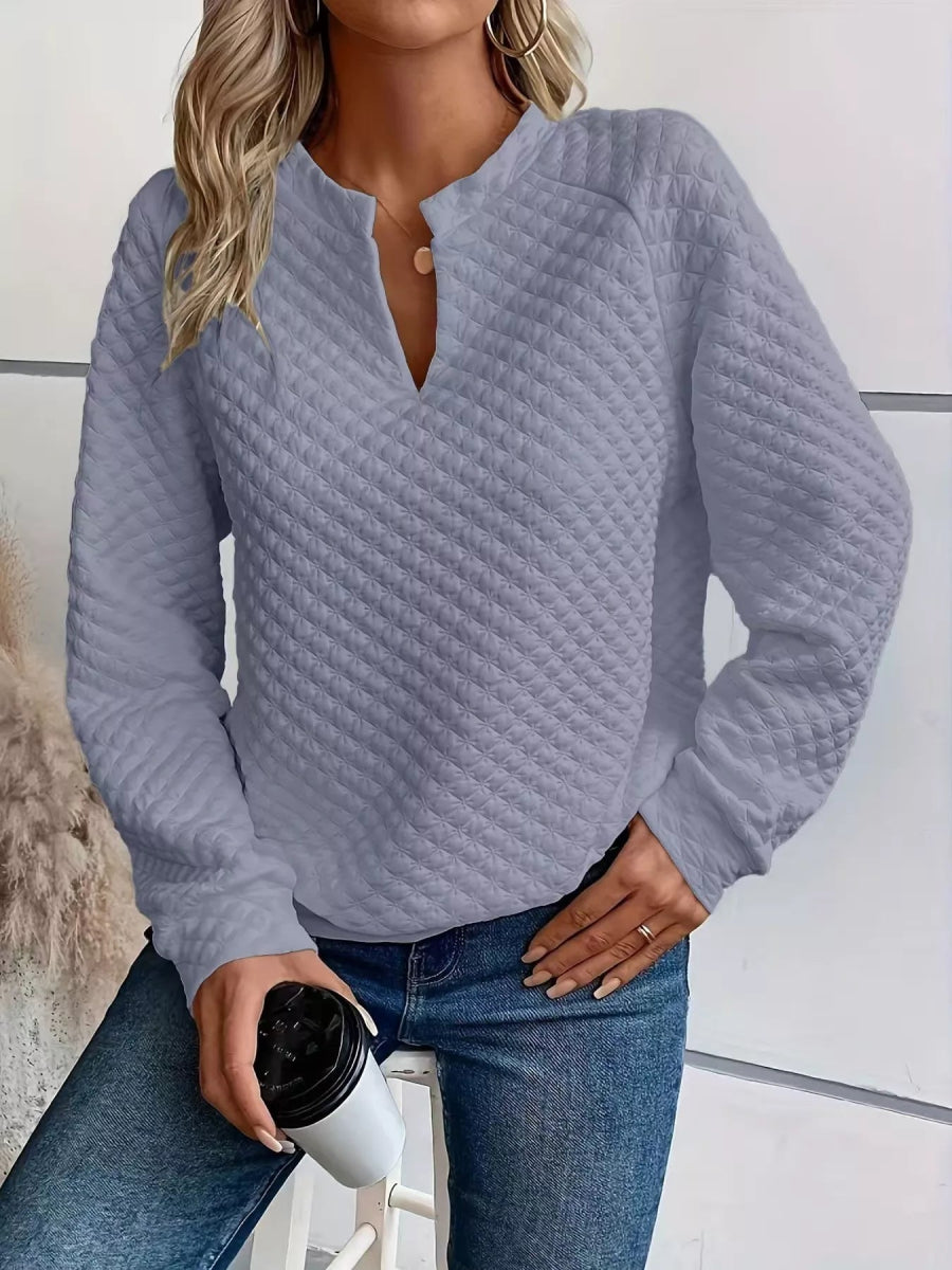 Quilted Texture Long Sleeve Sweatshirt with Notched Neck - CELIVINE