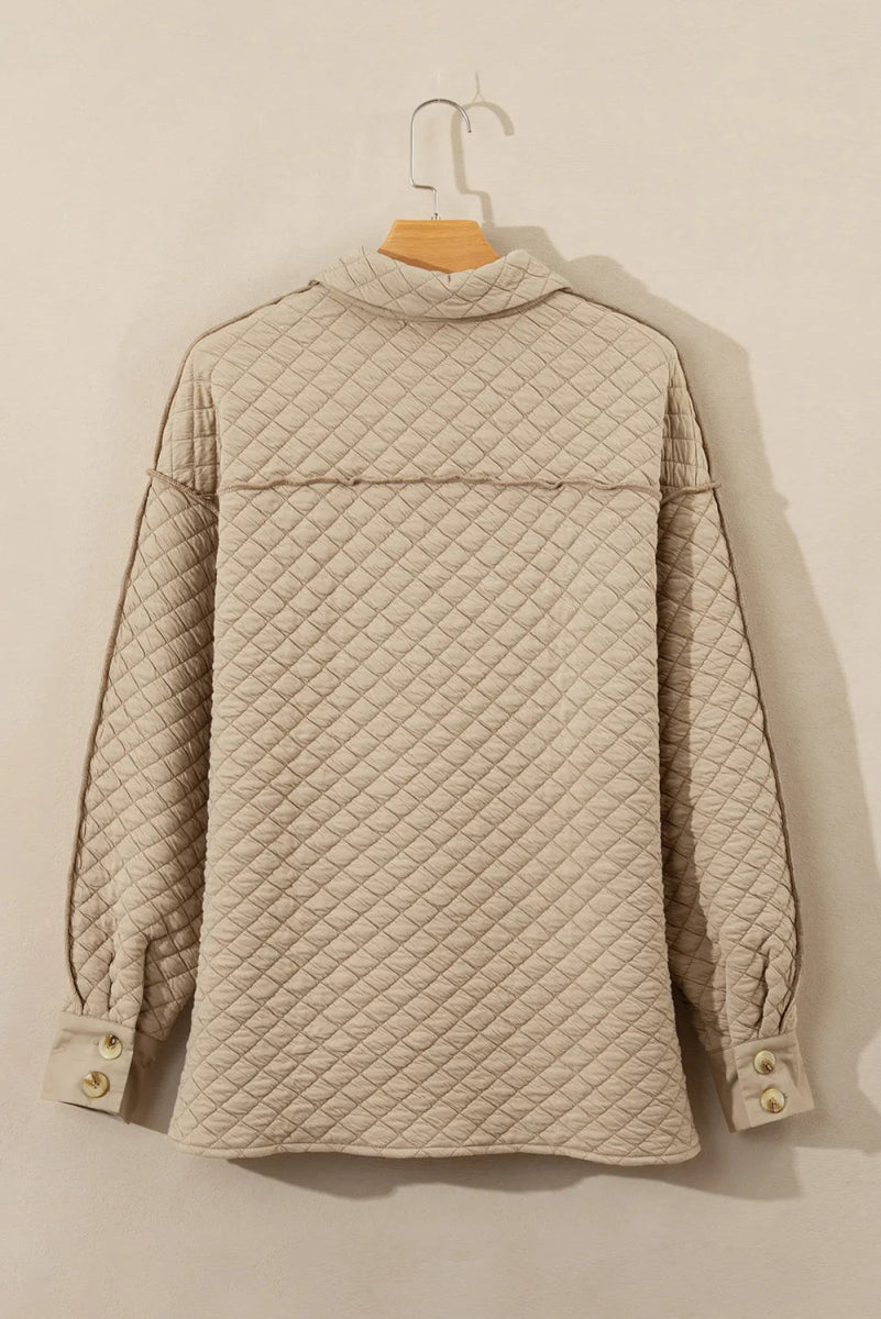 Exposed Seam Collared Neck Button Up Shacket - CELIVINE