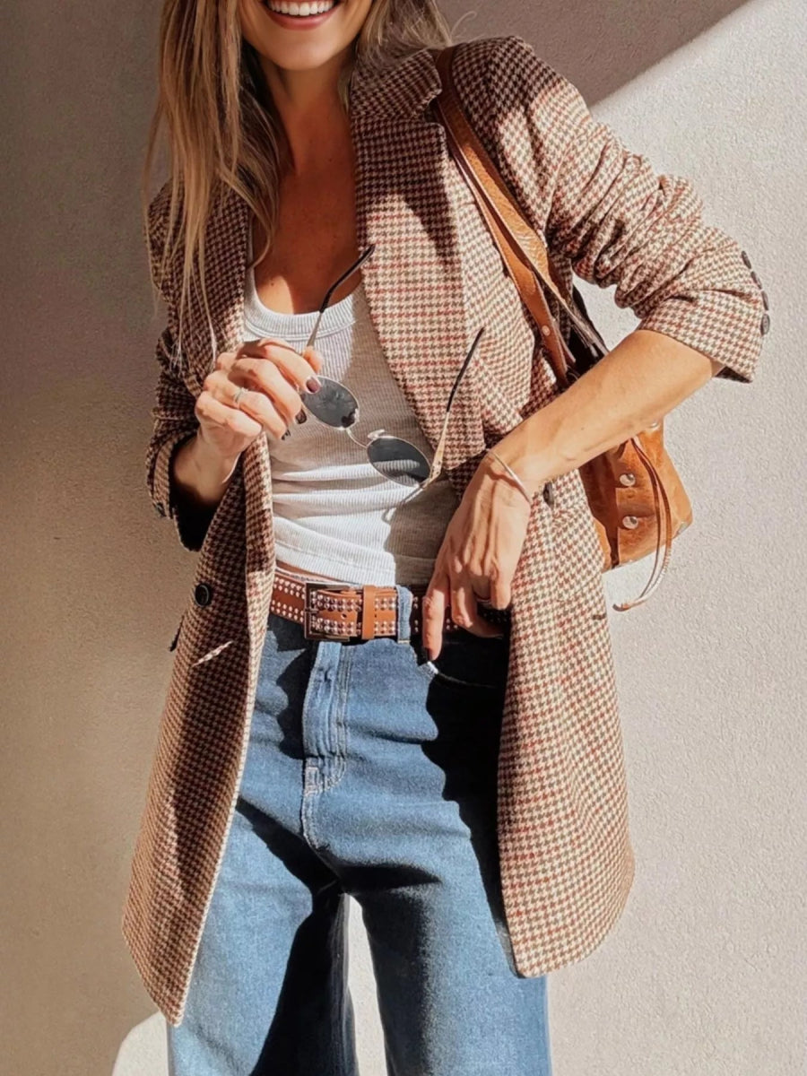 Houndstooth Lapel Collar Blazer - CELIVINE