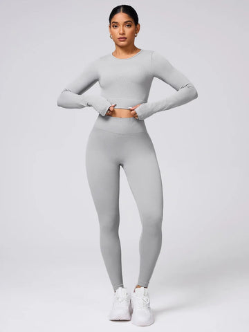 Back Crisscross Round Neck Long Sleeve Top and Leggings Active Set - CELIVINE