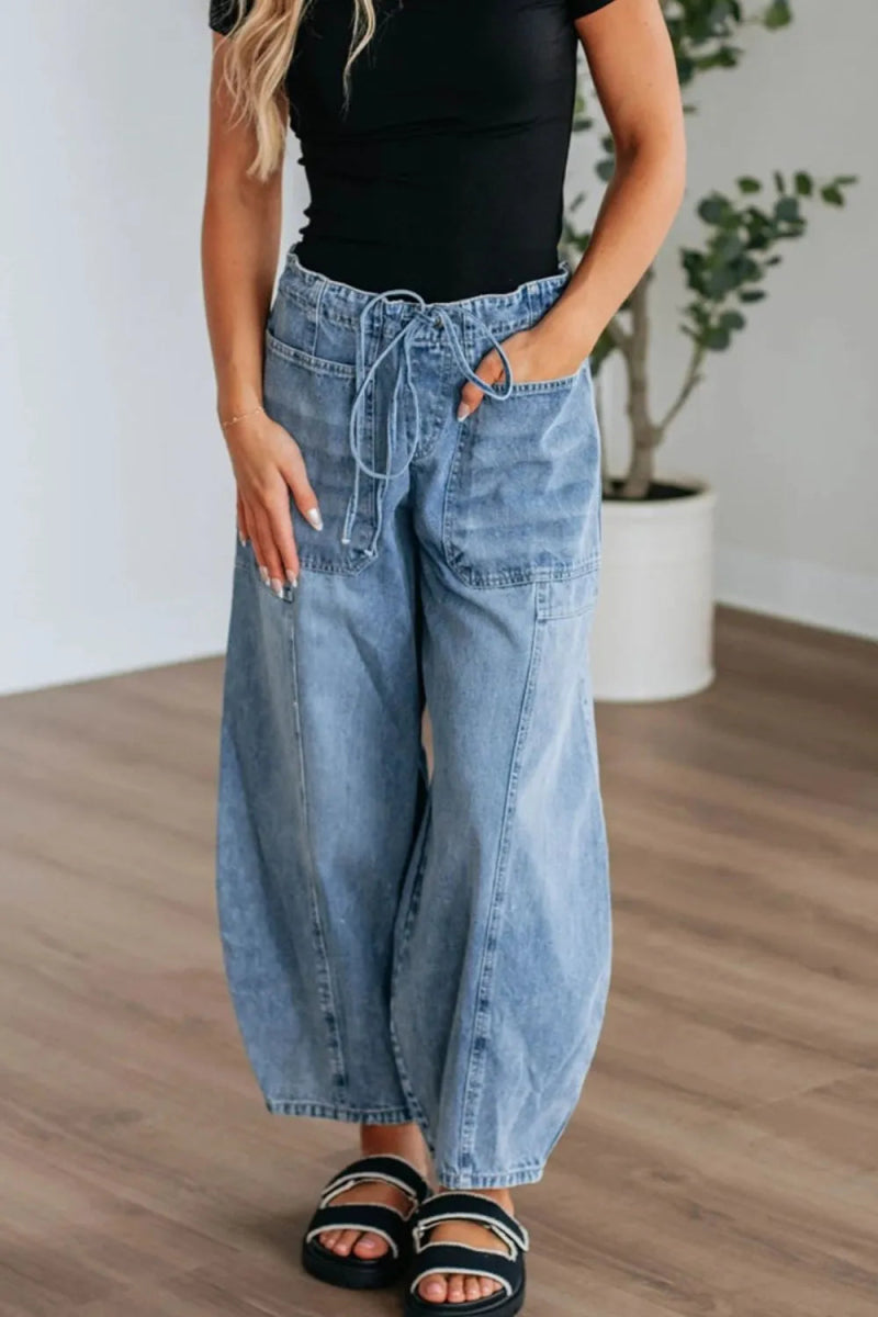 Wide Leg Drawstring Jeans - CELIVINE