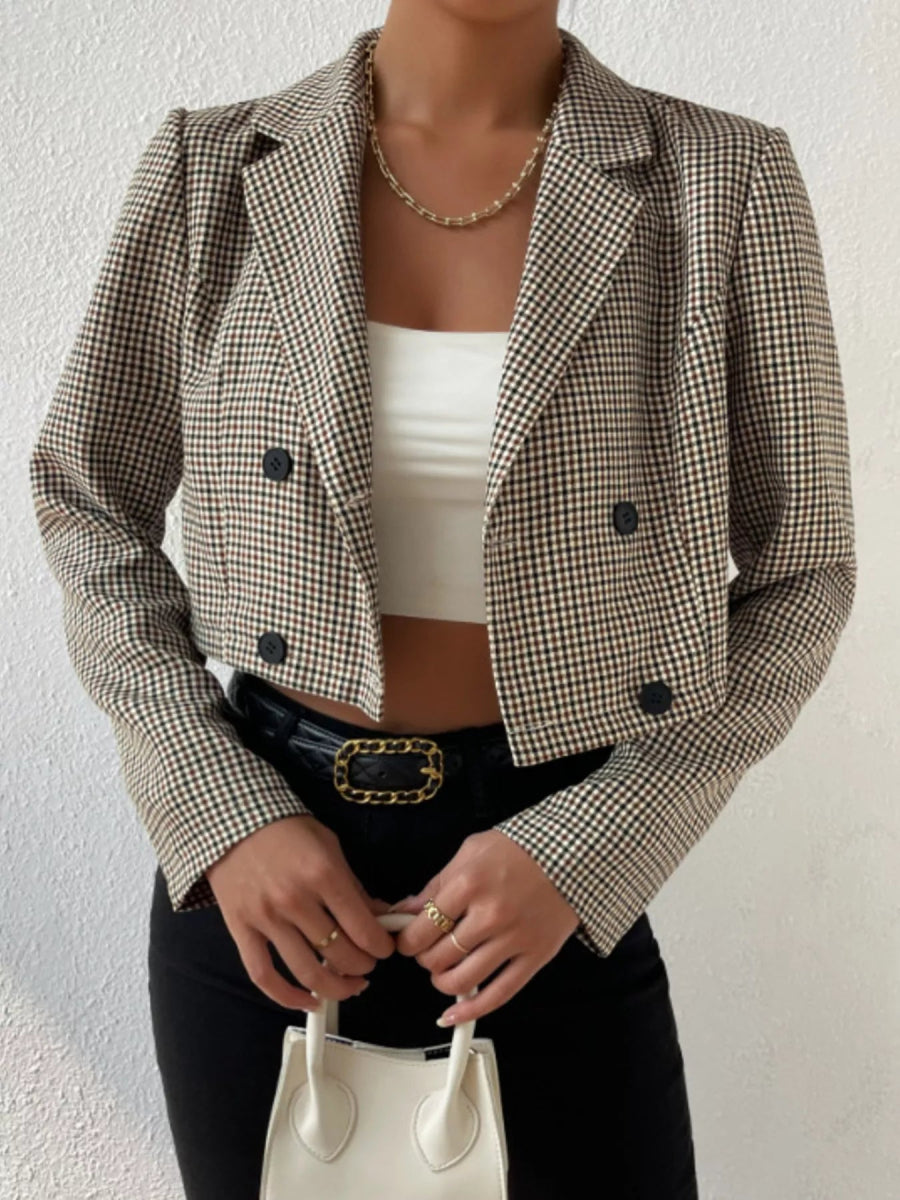 Plaid Lapel Collar Cropped Blazer - CELIVINE