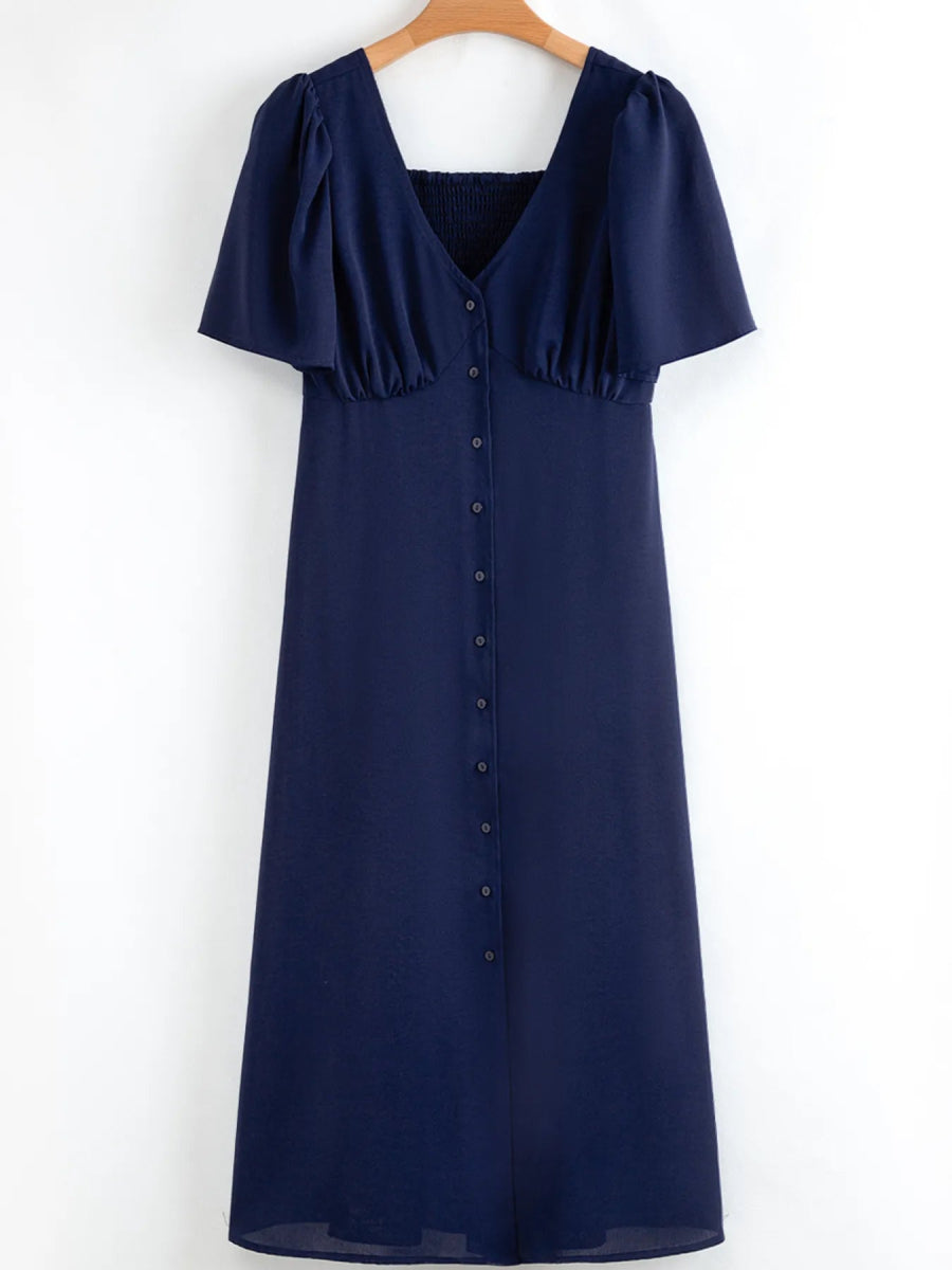 V Neck Buttoned Front Shirred Back Short Sleeve Midi Dress - CELIVINE