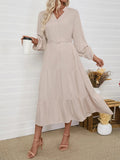 Tiered Notched Belted Midi Dress - CELIVINE