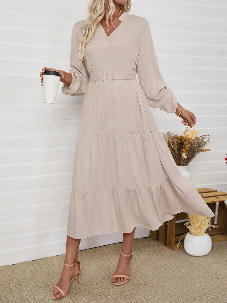 Tiered Notched Belted Midi Dress - CELIVINE