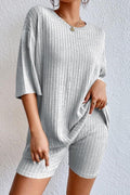 Round Neck Ribbed Top and Shorts Lounge Set - CELIVINE