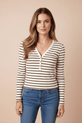 Striped V - Neck Long Sleeve Top - CELIVINE