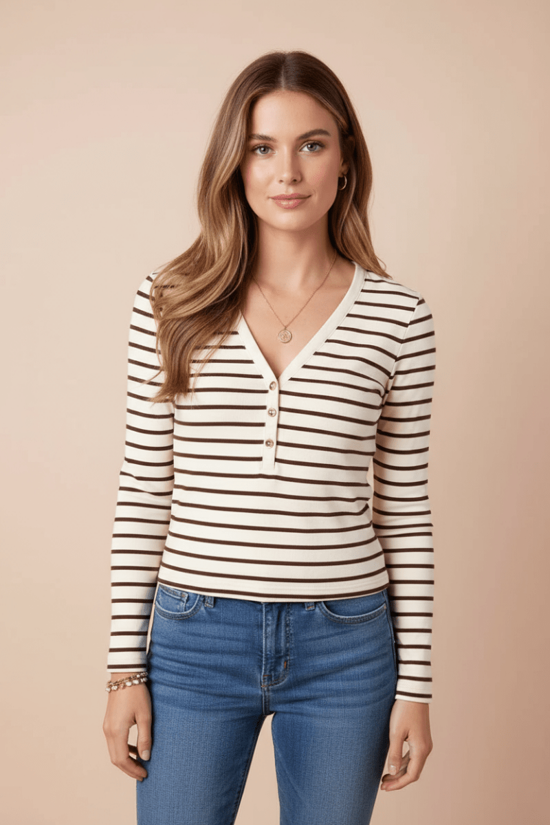 Striped V - Neck Long Sleeve Top - CELIVINE