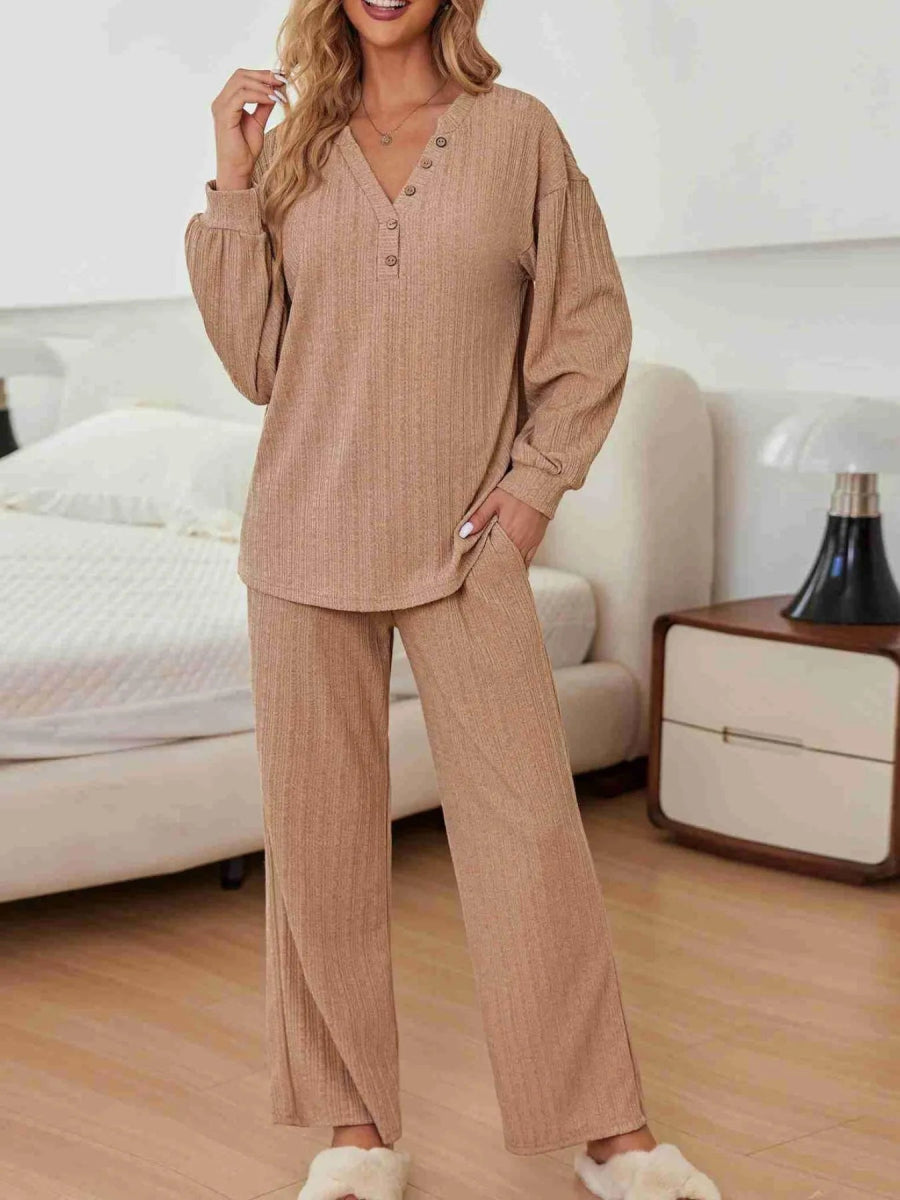 Ribbed Knit Top and Pants Lounge Set with Button Detail - CELIVINE