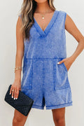 Mineral Wash Pocketed Sleeveless V Neck Loose Romper - CELIVINE