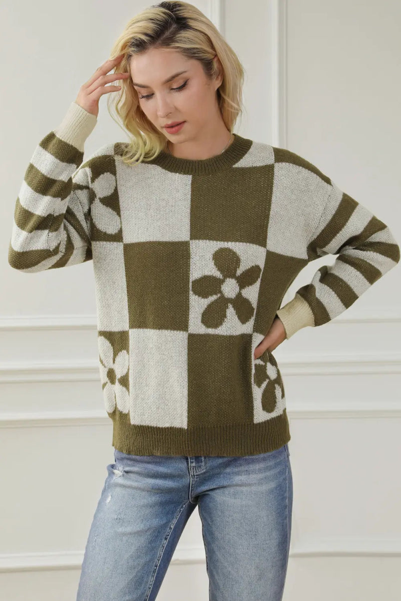 Contrast Round Neck Long Sleeve Sweater - CELIVINE