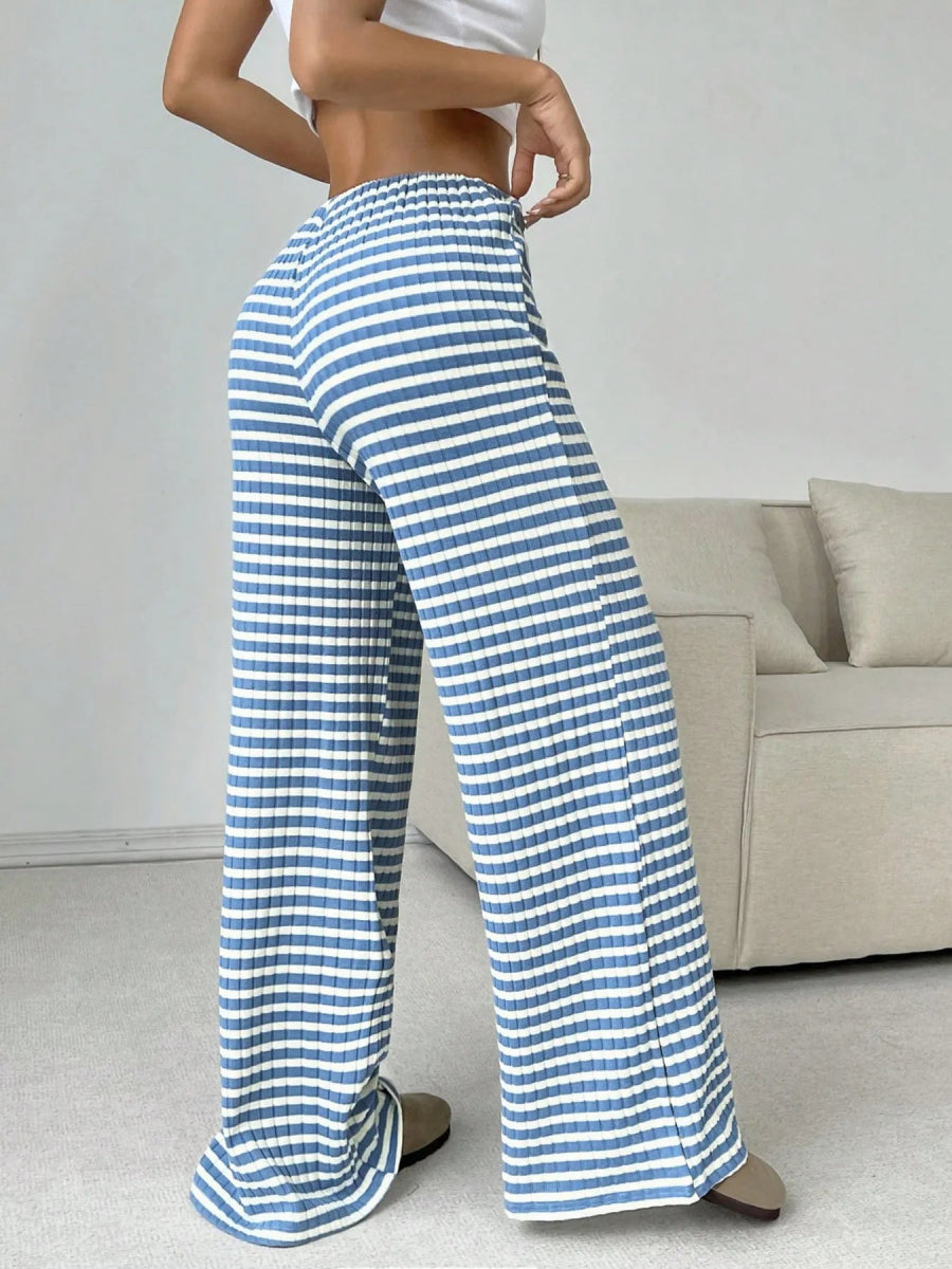Striped Wide Leg Drawstring Pants - CELIVINE