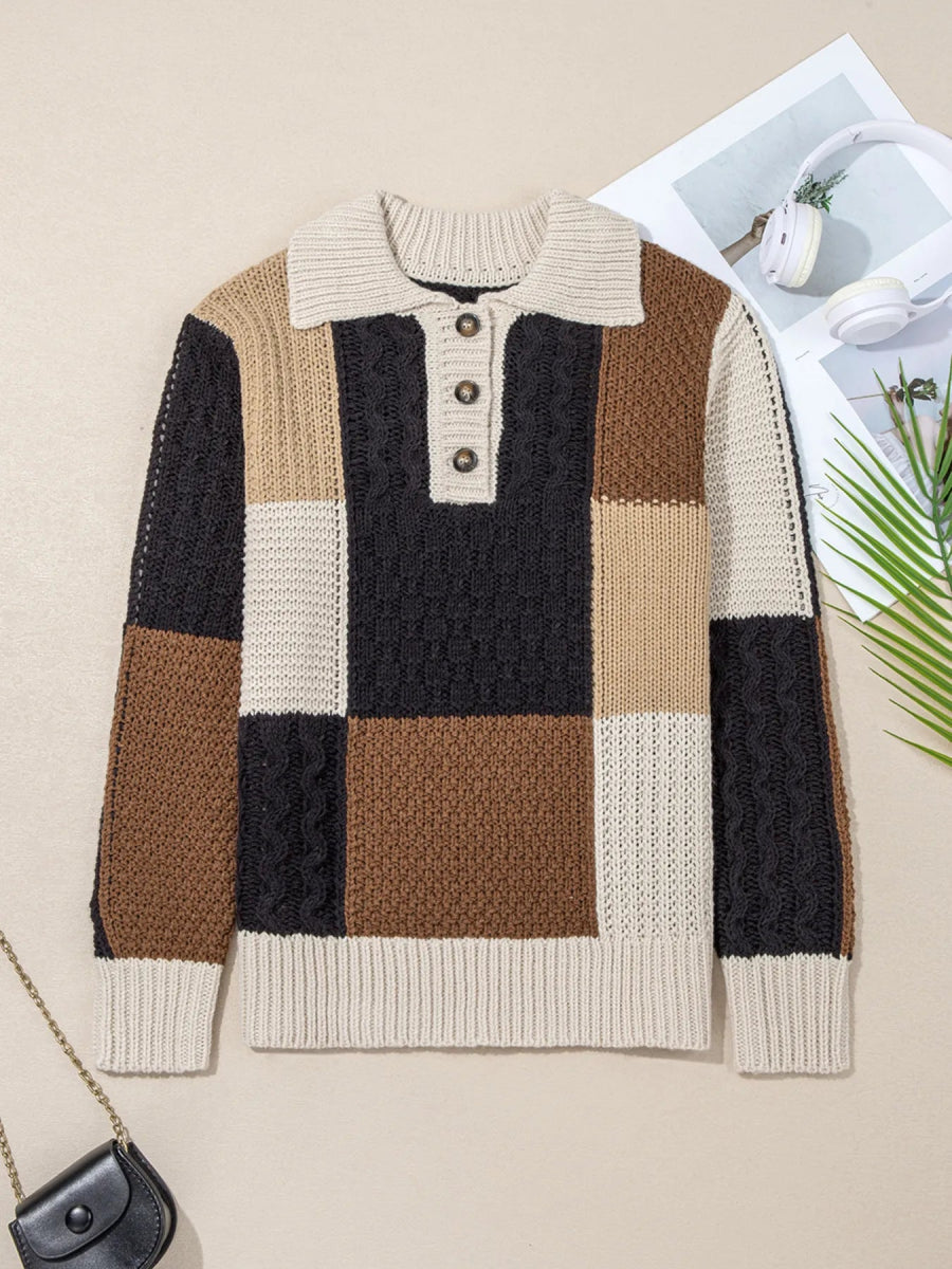 Multicolour Color Block Cable Knit Sleeve Buttons Collared Sweater - CELIVINE