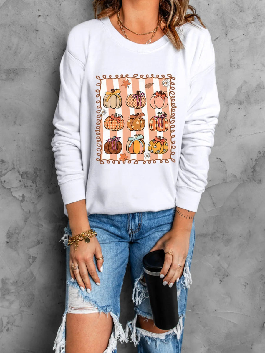 Pumpkin Graphic Round Neck Sweatshirt - CELIVINE