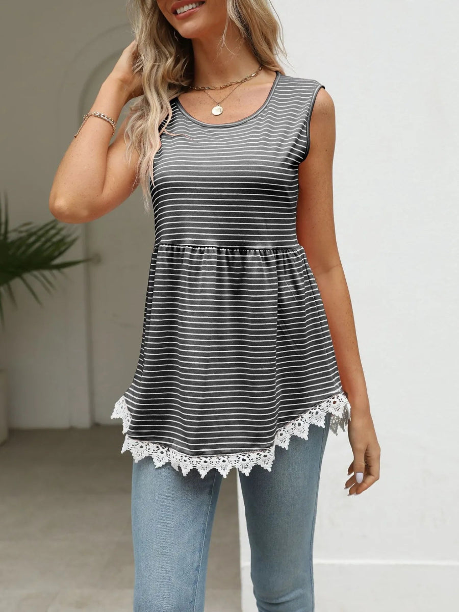 Lace Trim Sleeveless Babydoll Tank Top - CELIVINE