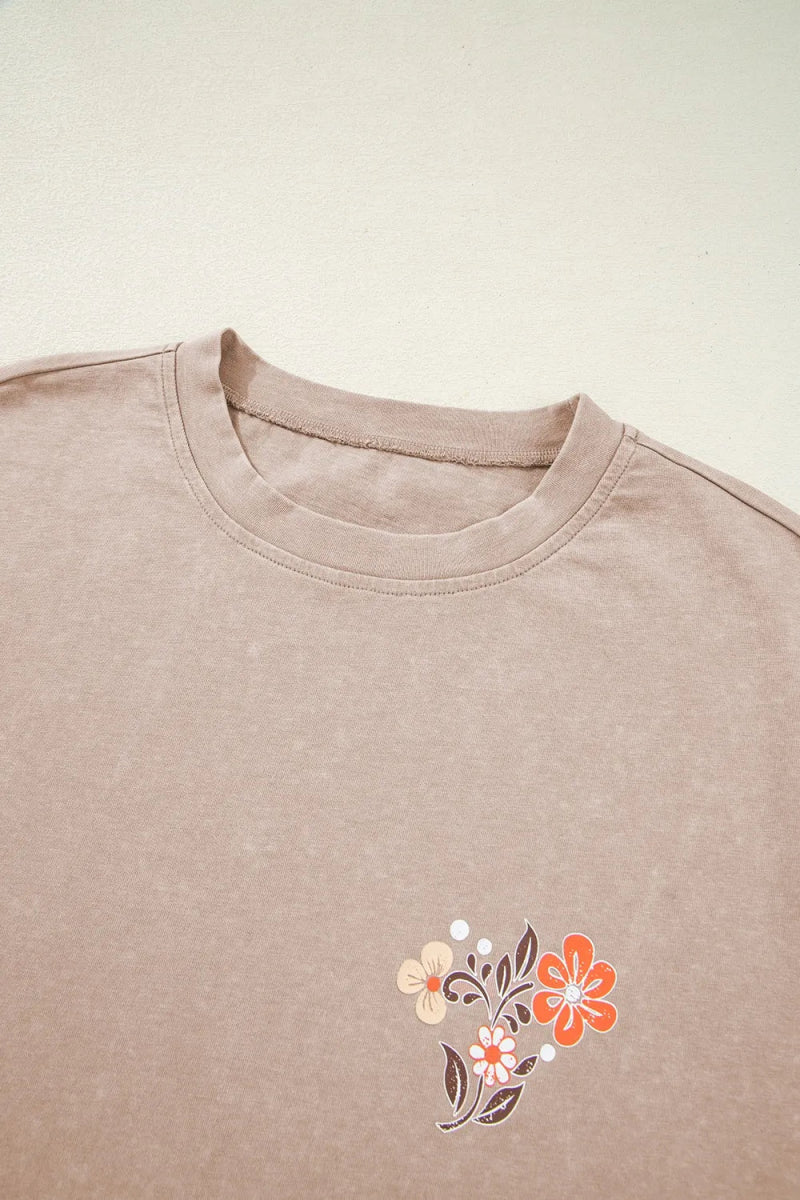 Mineral Wash Floral Steer Head Printed Back Western Fashion Tee - CELIVINE