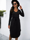 Drawstring Waist Long Sleeve Casual Dress - CELIVINE
