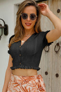 Buttoned Frill Hem Cropped Knit Top - CELIVINE