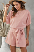 Tie Belt Short Sleeve Romper - CELIVINE