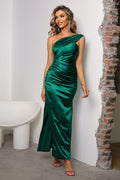 One - Shoulder Ruched Slit Maxi Dress - CELIVINE